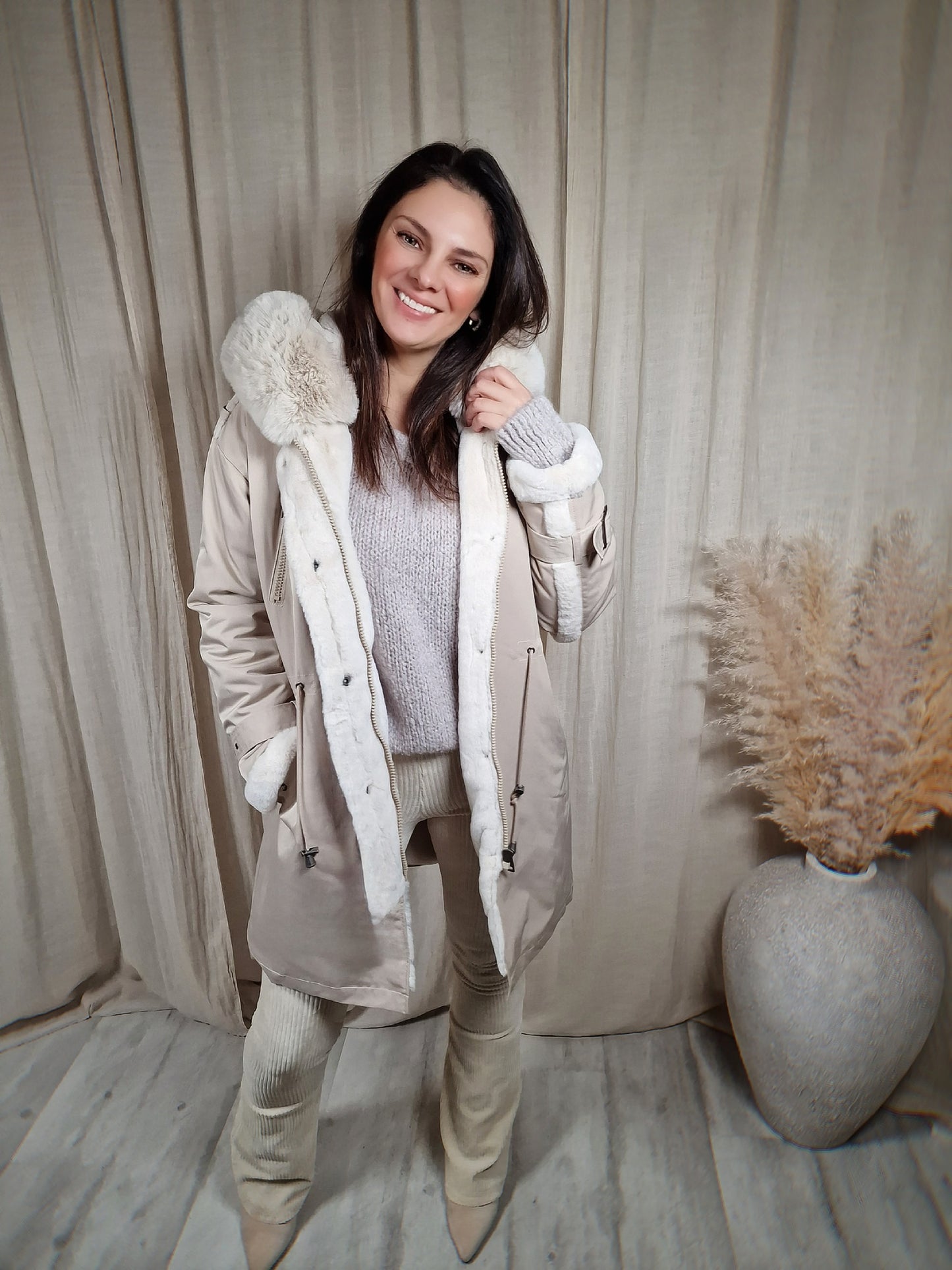Beige winterjas met kap